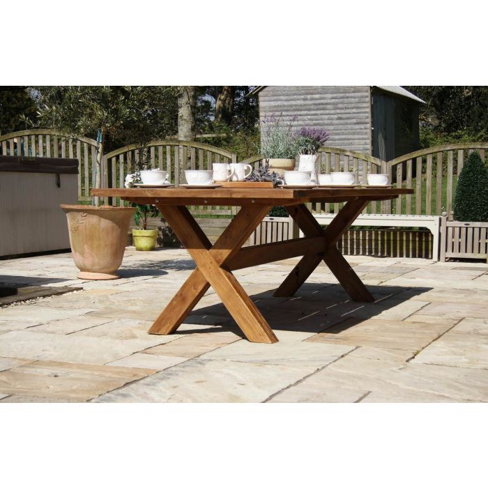 3m Reclaimed Teak Outdoor Open Slatted Cross Leg Table with 10 Scandi Armchairs  - 9