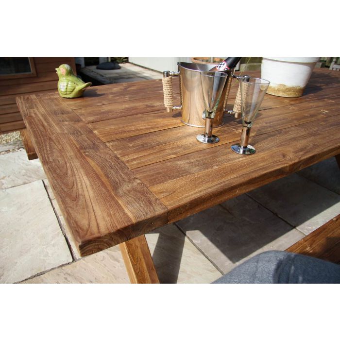 2.4m Reclaimed Teak Outdoor Open Slatted Cross Leg Table with 2 Backless Benches - 12