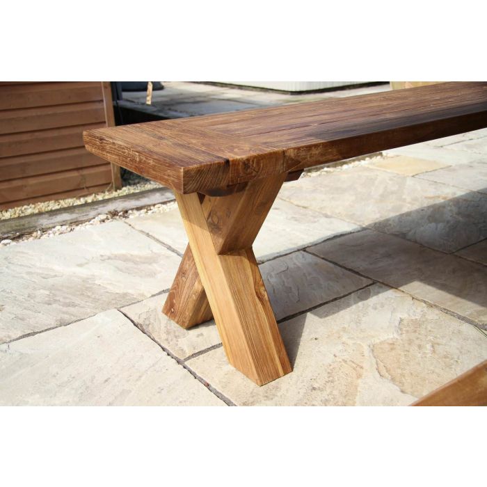 2.4m Reclaimed Teak Outdoor Open Slatted Cross Leg Backless Bench - 2