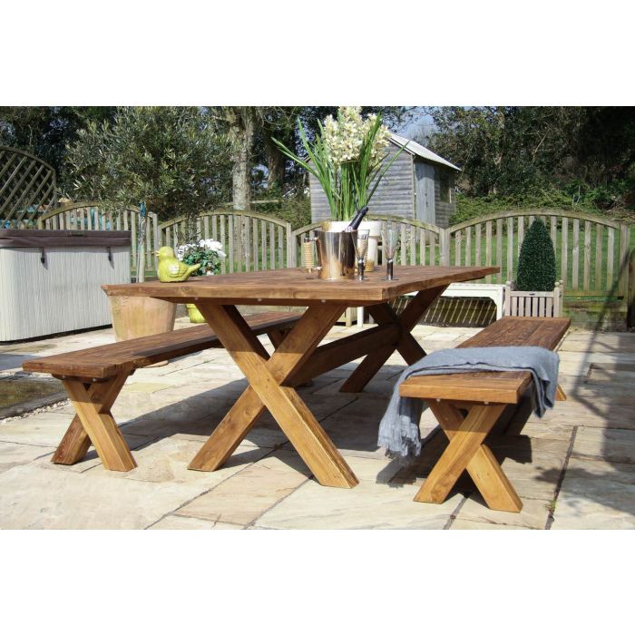 2.4m Reclaimed Teak Outdoor Open Slatted Cross Leg Table with 2 Backless Benches - 1