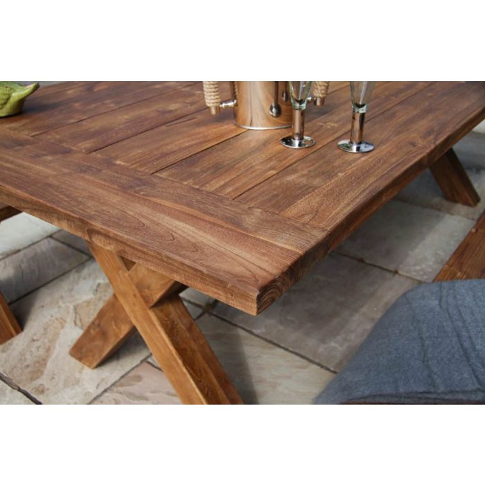 3m Reclaimed Teak Outdoor Open Slatted Cross Leg Table with 2 Backless Benches - 7