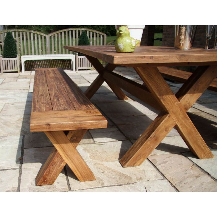 2.4m Reclaimed Teak Outdoor Open Slatted Cross Leg Backless Bench - 4