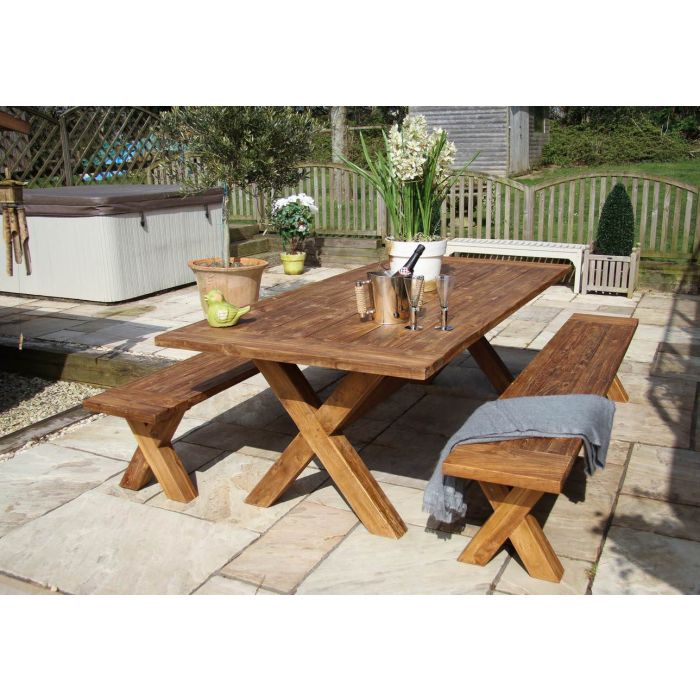 2.4m Reclaimed Teak Outdoor Open Slatted Cross Leg Table with 2 Backless Benches - 2