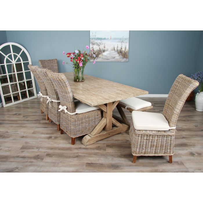 2.4m Farmhouse Cross Dining Table with 5 Latifa Chairs & 1 Backless Bench - 1
