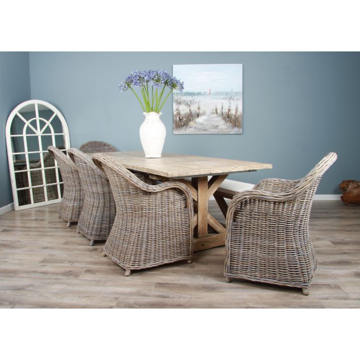 2.4m Farmhouse Cross Dining Table with 5 Riviera Armchairs & 1 Backless Bench - 3