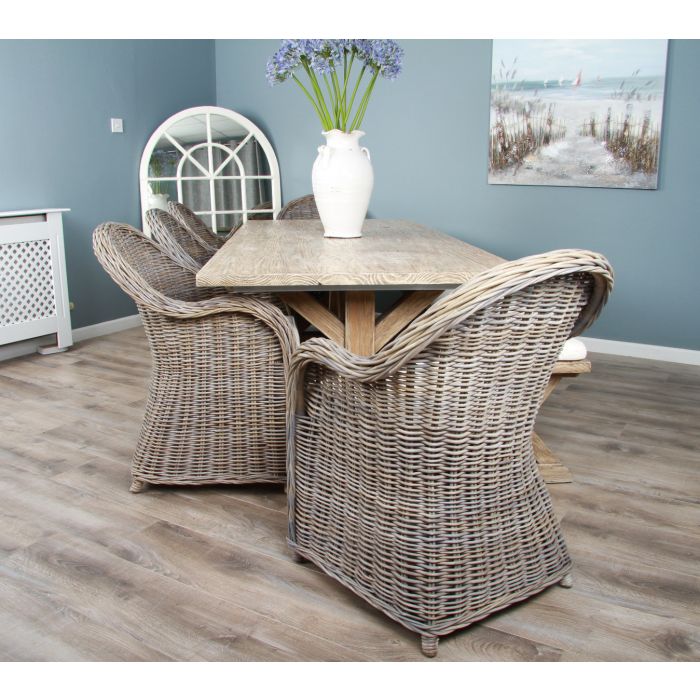 2.4m Farmhouse Cross Dining Table with 5 Riviera Armchairs & 1 Backless Bench - 7