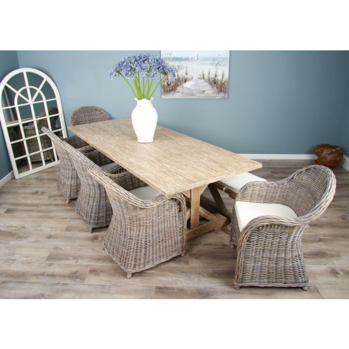 2.4m Farmhouse Cross Dining Table with 5 Riviera Armchairs & 1 Backless Bench - 2