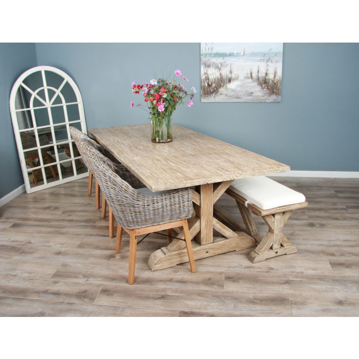 2.4m Farmhouse Cross Dining Table with 3 Scandi Armchairs & 1 Backless Bench - 2