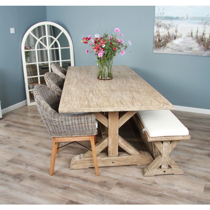 2.4m Farmhouse Cross Dining Table with 3 Scandi Armchairs & 1 Backless Bench - 3