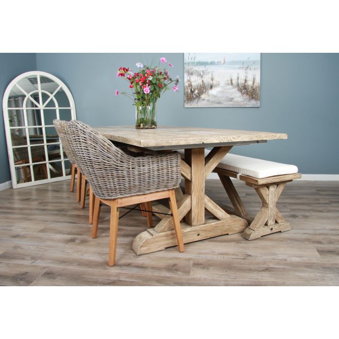 2.4m Farmhouse Cross Dining Table with 3 Scandi Armchairs & 1 Backless Bench - 5