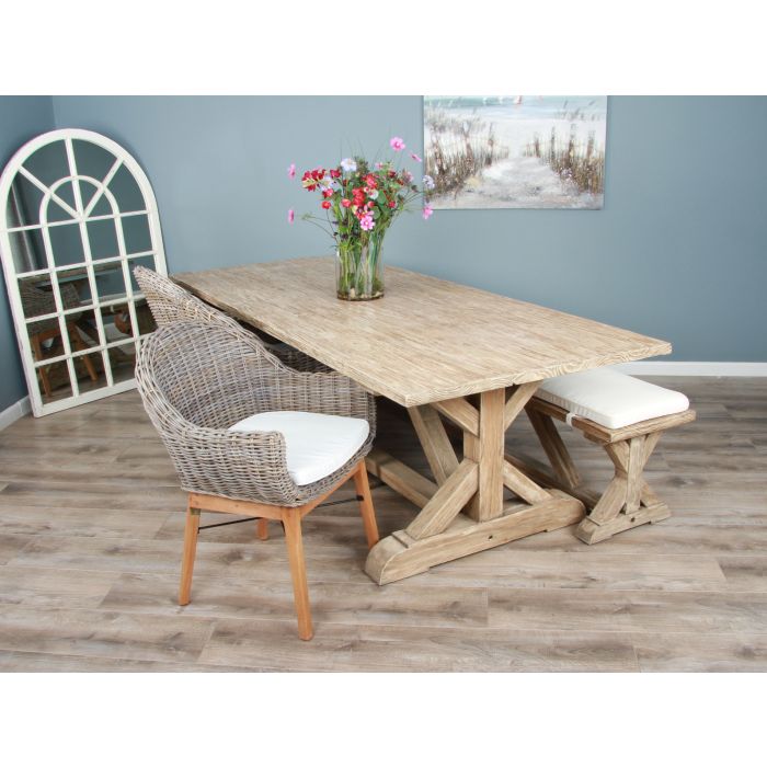 2.4m Farmhouse Cross Dining Table with 3 Scandi Armchairs & 1 Backless Bench - 7