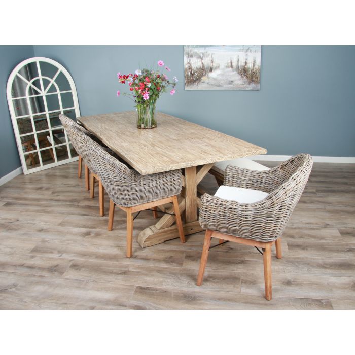 2.4m Farmhouse Cross Dining Table with 3 Scandi Armchairs & 1 Backless Bench - 8