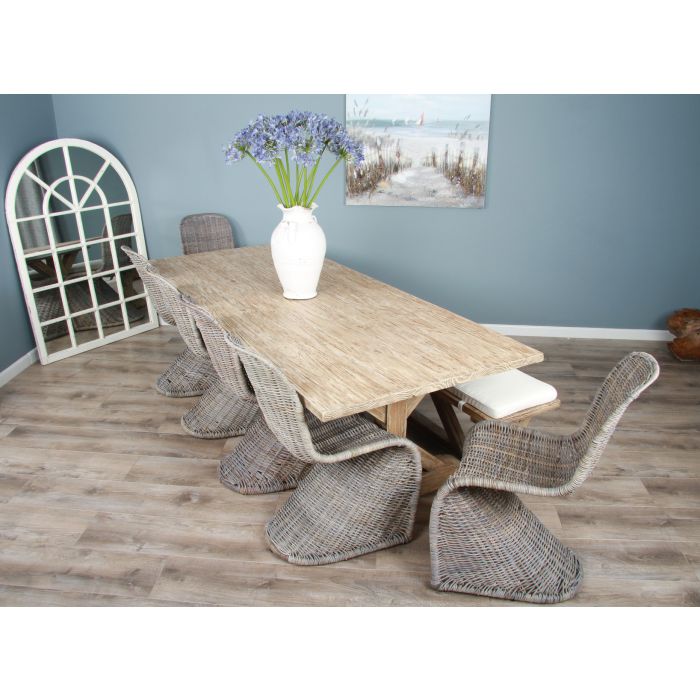 2.4m Farmhouse Cross Dining Table with 6 Stackable Zorro Chairs & 1 Backless Bench - 1