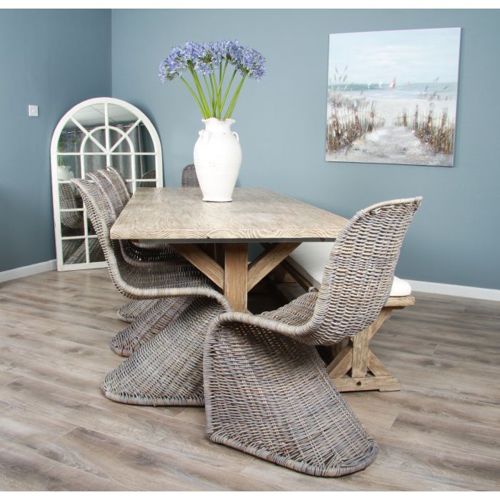 2.4m Farmhouse Cross Dining Table with 6 Stackable Zorro Chairs & 1 Backless Bench - 2