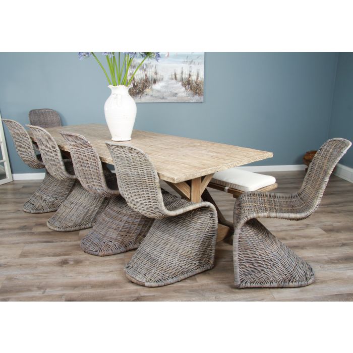 2.4m Farmhouse Cross Dining Table with 6 Stackable Zorro Chairs & 1 Backless Bench - 4