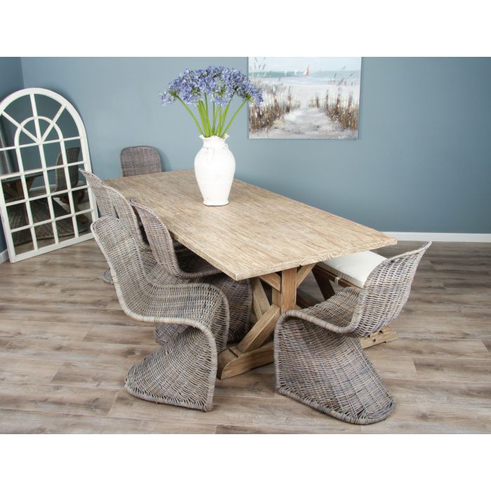 2.4m Farmhouse Cross Dining Table with 6 Stackable Zorro Chairs & 1 Backless Bench - 8