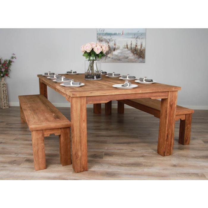 2.4m Reclaimed Teak Taplock Dining Table with 2 Backless Benches - 2