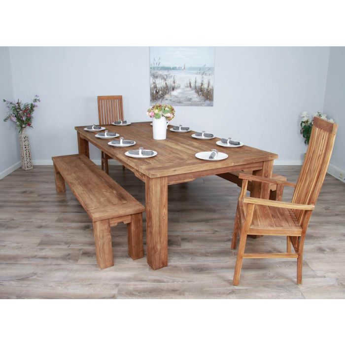 2.4m Reclaimed Teak Taplock Dining Table with 2 Backless Benches & 2 Vikka Armchairs - 2