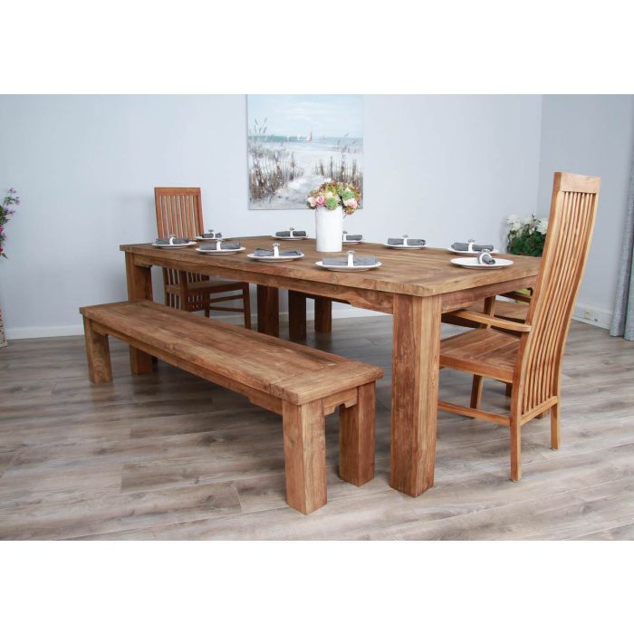 2.4m Reclaimed Teak Taplock Dining Table with 2 Backless Benches & 2 Vikka Armchairs - 1