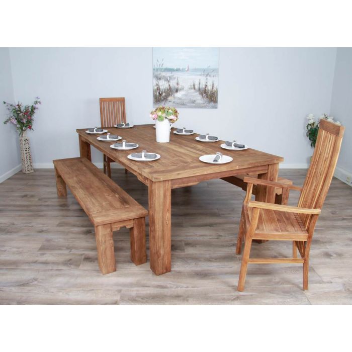 2.4m Reclaimed Teak Taplock Dining Table with 2 Backless Benches & 2 Vikka Armchairs - 3