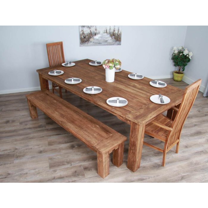 2.4m Reclaimed Teak Taplock Dining Table with 2 Backless Benches & 2 Vikka Armchairs - 4