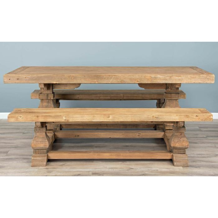 2m Reclaimed Elm Pedestal Dining Table with 2 Backless Benches - 3