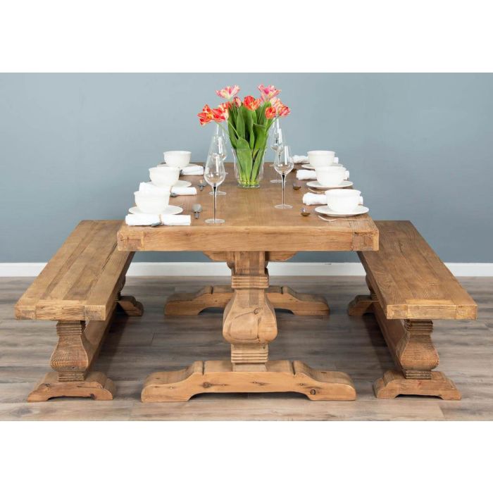 2m Reclaimed Elm Pedestal Dining Table with 2 Backless Benches - 7
