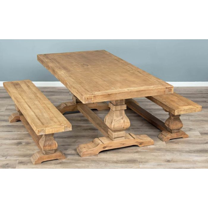 2m Reclaimed Elm Pedestal Dining Table with 2 Backless Benches - 9