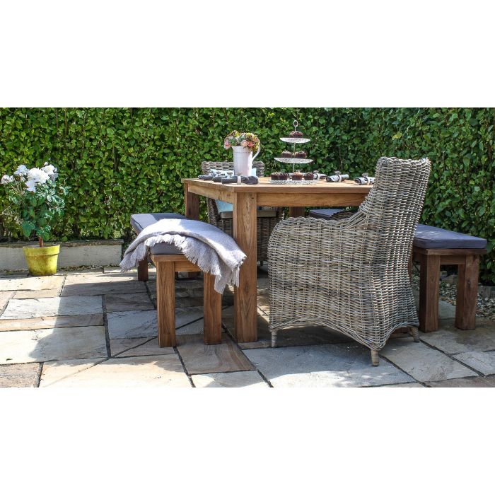 2m Reclaimed Teak Outdoor Open Slatted Table with 2 Backless Benches & 2 Donna Armchairs - 1