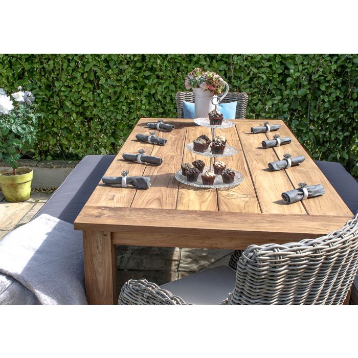 2m Reclaimed Teak Outdoor Open Slatted Table with 2 Backless Benches & 2 Donna Armchairs - 3
