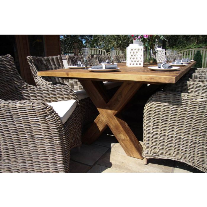 3m Reclaimed Teak Outdoor Open Slatted Cross Leg Table with 10 Donna Armchairs  - 7