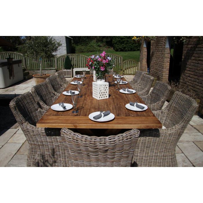 3m Reclaimed Teak Outdoor Open Slatted Cross Leg Table with 10 Donna Armchairs  - 3