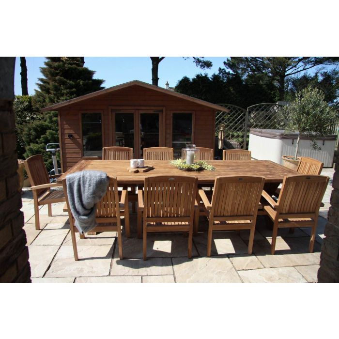 3m Reclaimed Teak Outdoor Open Slatted Cross Leg Table with 10 Marley Armchairs - 3
