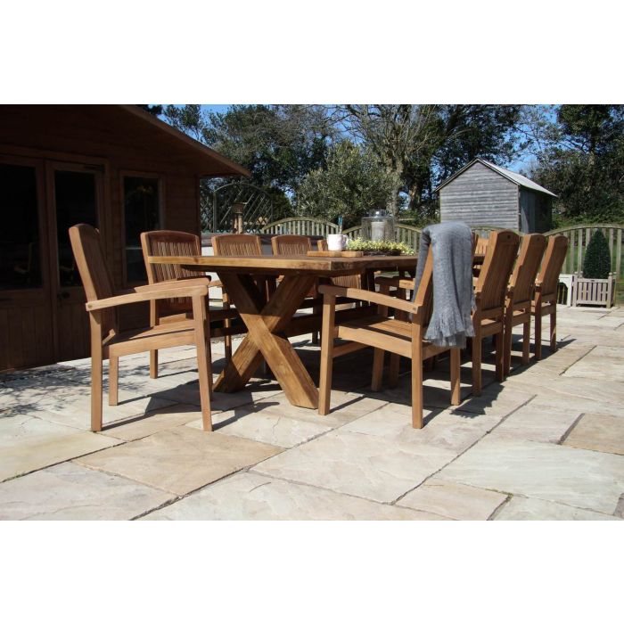 3m Reclaimed Teak Outdoor Open Slatted Cross Leg Table with 10 Marley Armchairs - 2
