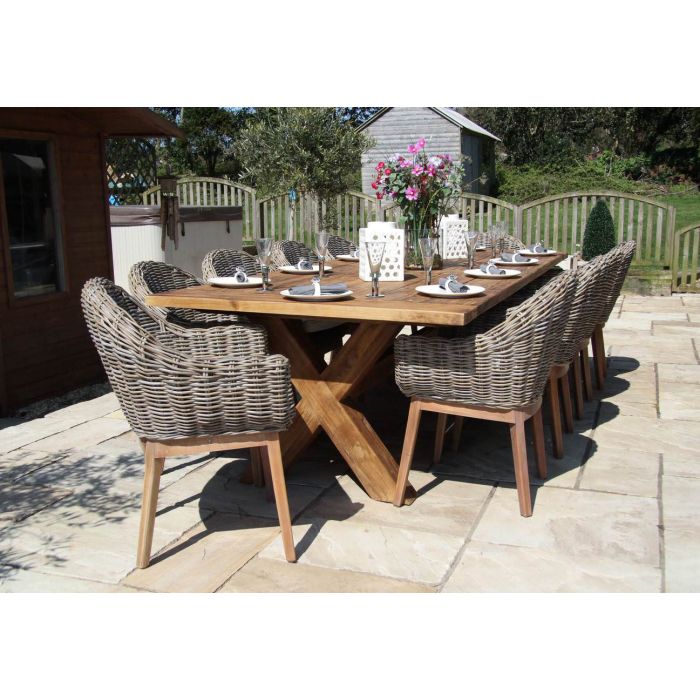 3m Reclaimed Teak Outdoor Open Slatted Cross Leg Table with 10 Scandi Armchairs  - 3