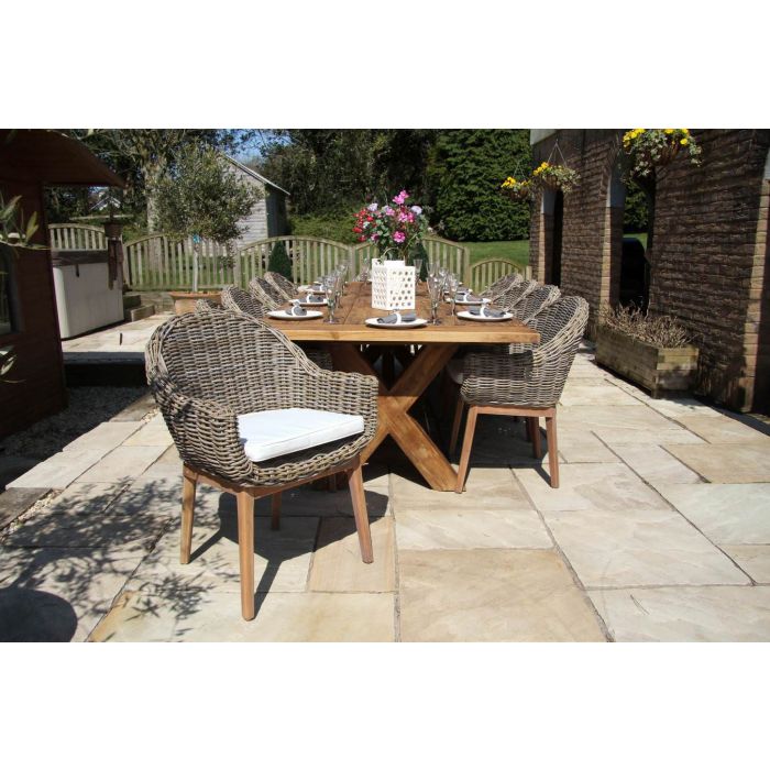 3m Reclaimed Teak Outdoor Open Slatted Cross Leg Table with 10 Scandi Armchairs  - 8