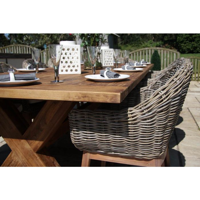 3m Reclaimed Teak Outdoor Open Slatted Cross Leg Table with 10 Scandi Armchairs  - 7