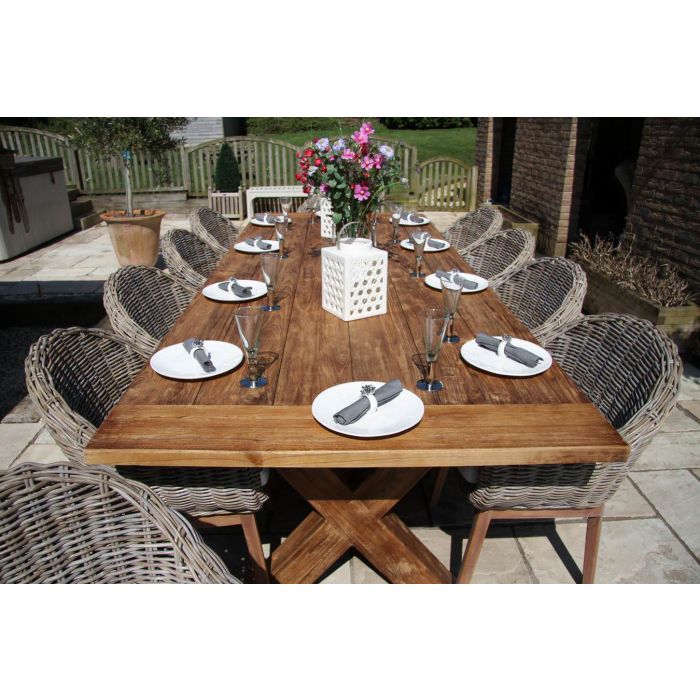 3m Reclaimed Teak Outdoor Open Slatted Cross Leg Table with 10 Scandi Armchairs  - 4