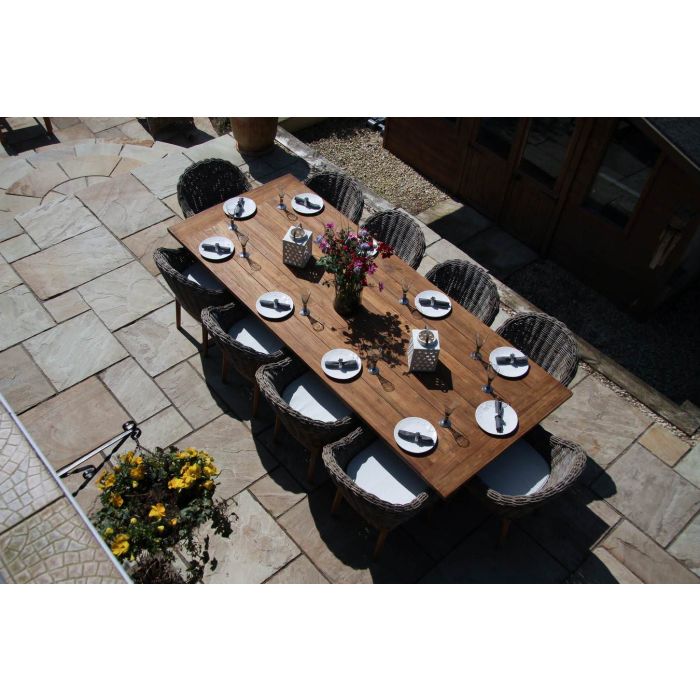 3m Reclaimed Teak Outdoor Open Slatted Cross Leg Table with 10 Scandi Armchairs  - 5