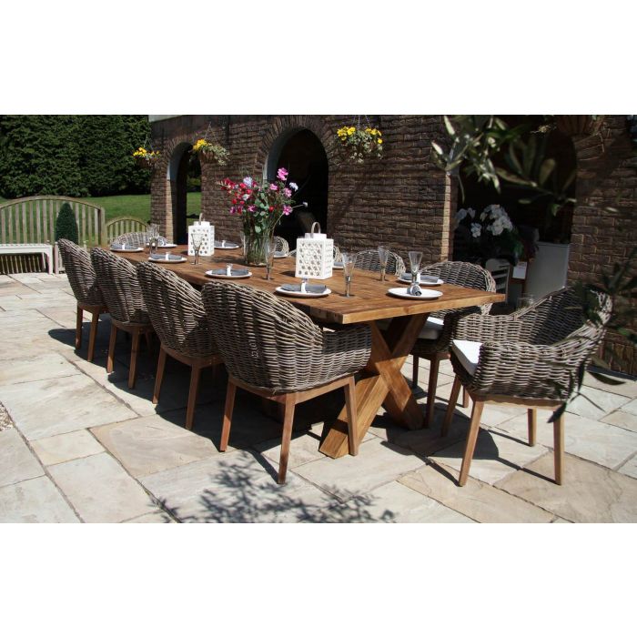 3m Reclaimed Teak Outdoor Open Slatted Cross Leg Table with 10 Scandi Armchairs  - 2