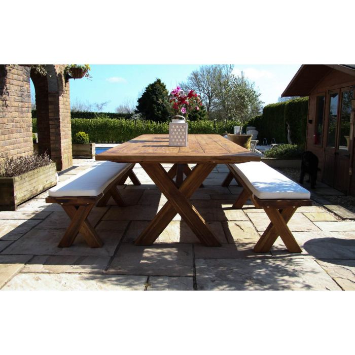 3m Reclaimed Teak Outdoor Open Slatted Cross Leg Table with 2 Backless Benches - 2