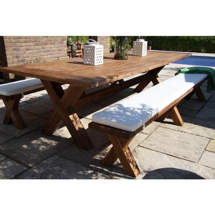 3m Reclaimed Teak Outdoor Open Slatted Cross Leg Table with 2 Backless Benches - 3