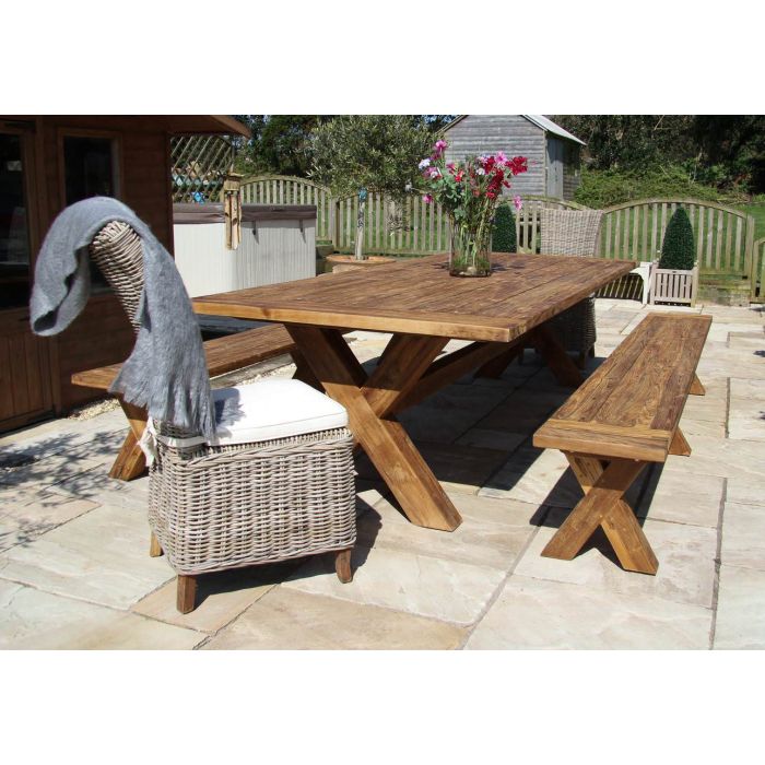 3m Reclaimed Teak Outdoor Open Slatted Cross Leg Table with 2 Backless Benches & 2 Latifa Chairs - 3