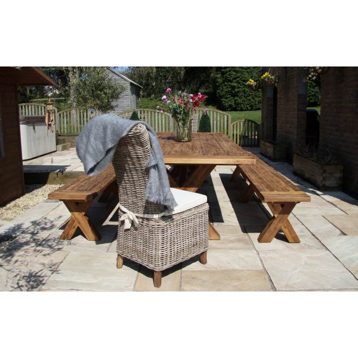 3m Reclaimed Teak Outdoor Open Slatted Cross Leg Table with 2 Backless Benches & 2 Latifa Chairs - 2