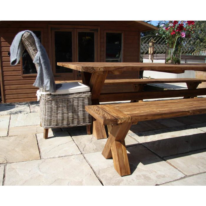3m Reclaimed Teak Outdoor Open Slatted Cross Leg Table with 2 Backless Benches & 2 Latifa Chairs - 1