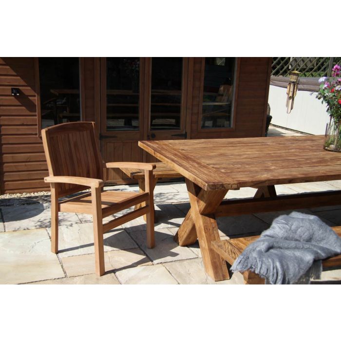 3m Reclaimed Teak Outdoor Open Slatted Cross Leg Table with 2 Backless Benches & 2 Marley Armchairs - 1