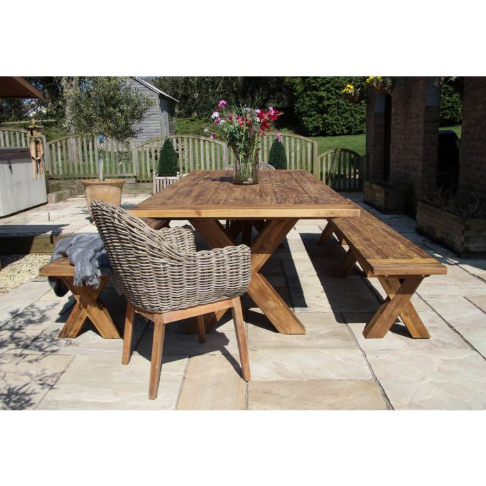 3m Reclaimed Teak Outdoor Open Slatted Cross Leg Table with 2 Backless Benches & 2 Scandi Armchairs - 2