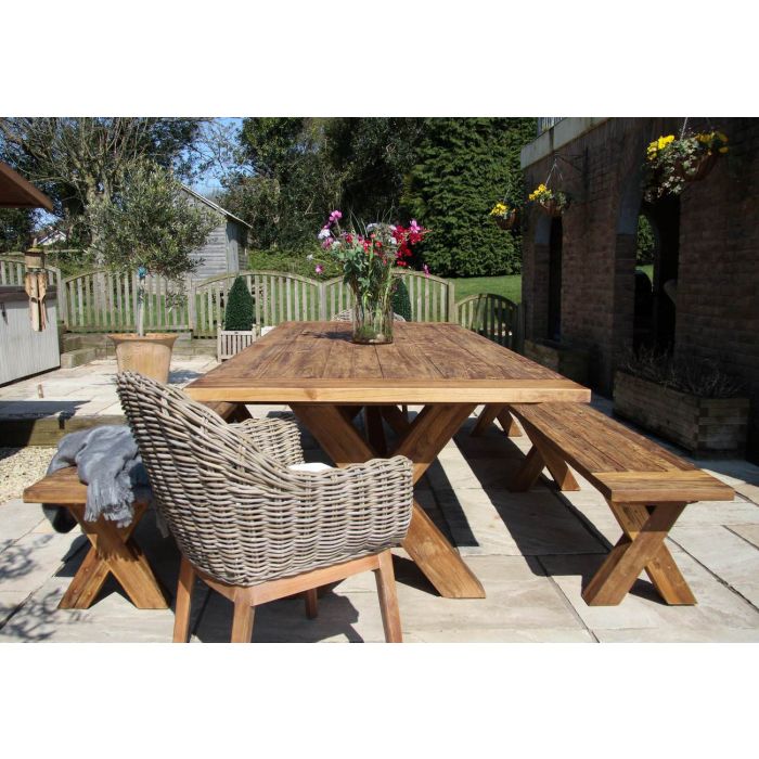 3m Reclaimed Teak Outdoor Open Slatted Cross Leg Table with 2 Backless Benches & 2 Scandi Armchairs - 3
