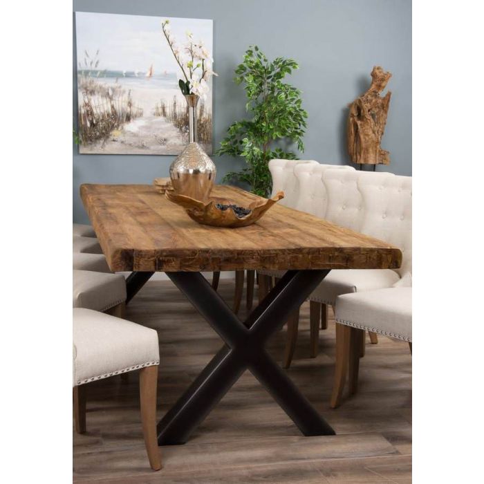 3m Reclaimed Teak Urban Fusion Cross Dining Table with Ten Natural Windsor Ring Back Dining Chairs  - 4