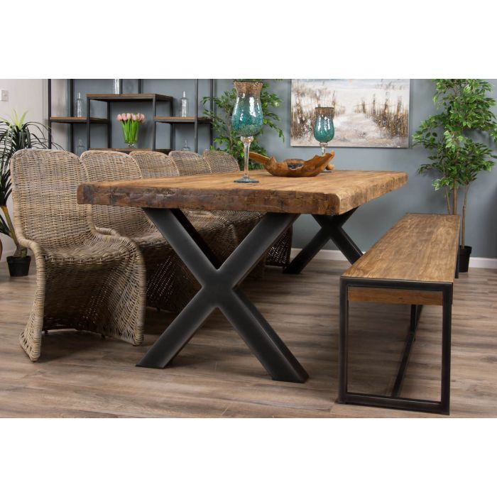 3m Reclaimed Teak Urban Fusion Cross Dining Table with One Backless Bench and 5 Zorro Dining Chairs - 2